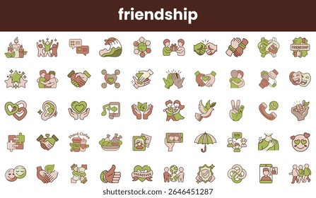 A colorful collection of friendship-themed icons showcasing connections, support, and cooperation in various forms. Perfect for celebrating friendship and teamwork.