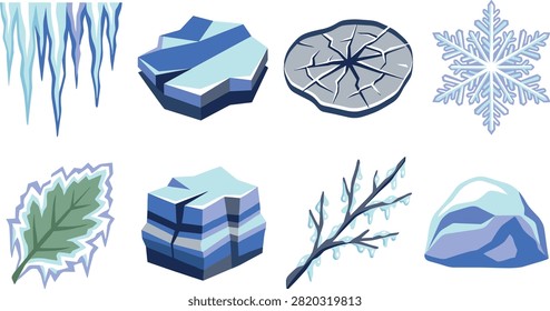 A colorful collection of frozen winter elements featuring icicles, ice blocks, cracked frozen surfaces, snowflakes, frosted leaves, branches, and snow-covered rocks. Ideal for seasonal graphics, weather illustrations, educational designs, games, stickers, and winter-themed projects.