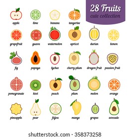 Colorful collection of fruit halves: orange, lemon, apricot, pear, tangerine