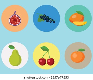 A colorful collection of fruit illustrations. It includes oranges, strawberries, bananas, mangoes, apples, watermelons, and more. These illustrations are great for designs related to food and health.