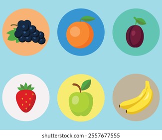 A colorful collection of fruit illustrations. It includes oranges, strawberries, bananas, mangoes, apples, watermelons, and more. These illustrations are great for designs related to food and health.