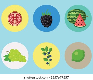 A colorful collection of fruit illustrations. It includes oranges, strawberries, bananas, mangoes, apples, watermelons, and more. These illustrations are great for designs related to food and health.