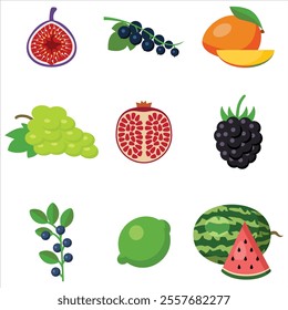 A colorful collection of fruit illustrations. It includes oranges, strawberries, bananas, mangoes, apples, watermelons, and more. These illustrations are great for designs related to food and health.