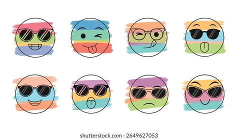 Colorful collection of fun expressive emoticons wearing stylish sunglasses displaying various emotions through unique designs