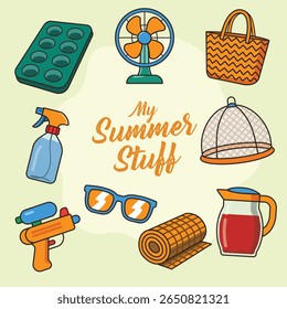A colorful collection of fun summer essentials like a fan, sunglasses, drinks, and picnic gear
