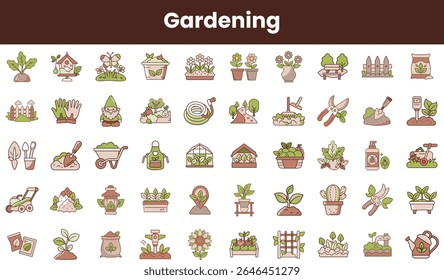 Uma coleção colorida de ícones de jardinagem, com ferramentas, plantas e decorações, perfeito para entusiastas do jardim ou projetos da natureza.