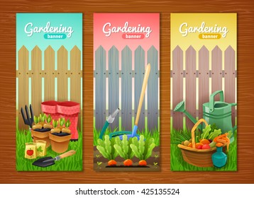 Colorful collection of gardening vertical banners with tools sprout in pots and garden beds and basket of harvest at wooden fence background flat vector illustration  