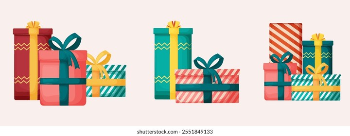 Una colorida colección de cajas de regalo de varias Formas y tamaños, envueltas en papel de diferentes colores y atadas con lazos. Cada caja tiene un patrón único, incluyendo rayas, galones y sólidos