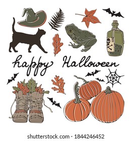 Colorful collection of Halloween related hand drawn graphic elements