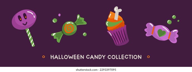 Colorful collection of hand drawn candies in cartoon style. Traditional halloween elements