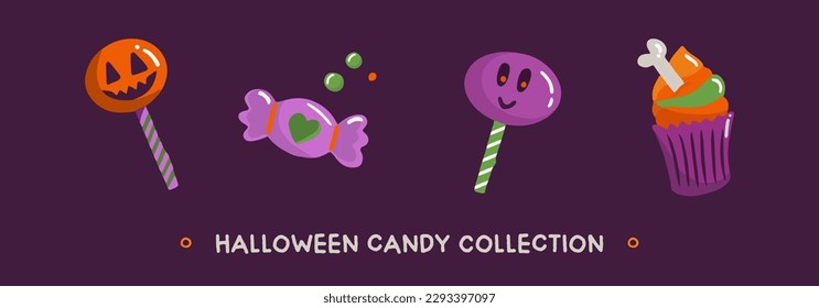 Colorful collection of hand drawn candies in cartoon style. Traditional halloween elements