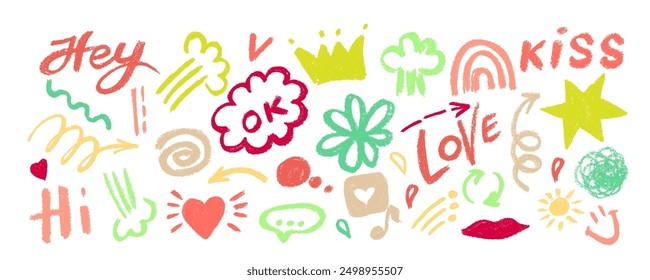 Colorful collection of hand drawn charcoal doodle shapes and squiggles in childish girly style. Pencil drawings isolated on white. Crown, stars, flower, heart and rainbow doodle collage elements.