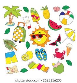 A colorful collection of hand drawn summer elements including swimwear, beach gear, tropical drinks, and sunshine icons. Great for packaging, backgrounds, ads, and seasonal creative projects.