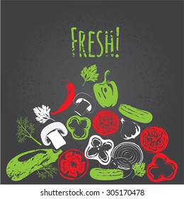 Colorful Collection of hand drawn vegetables on chalkboard, high detailed, vector illustration, sketch, engraved style, menu design. 