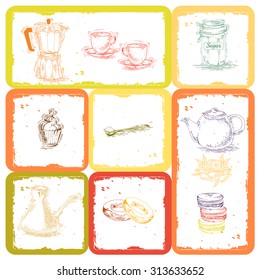 Colorful collection of hand drawn vintage coffee illustration isolated for restaurant or cafe menu. Coffee and tea set with teapot, moka pot, coffee maker, cups, spoon, sugar bowl