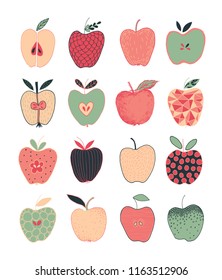 Colorful collection of hand-drawing different apples. Pink and green hand drawn different apples with leaves isolated on white background. Use for postcard, flyer, web, banner, poster, textile print.