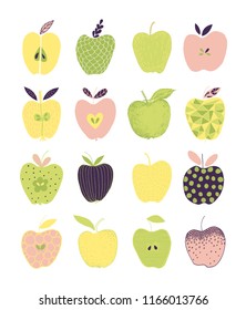 Colorful collection of hand-drawing different apples. Hand drawn different apples with leaves isolated on white background. Use for postcard, flyer, web, banner, poster, textile print.