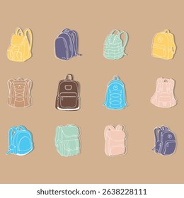 A colorful collection of hand-drawn backpacks and school bags in various styles and colors. Perfect for back-to-school designs, student accessories, travel gear, stickers, and educational projects.

