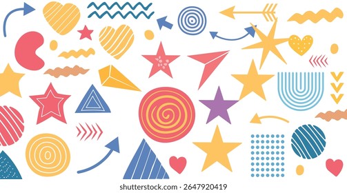 colorful collection of hand-drawn geometric shapes and symbols on a white background. Includes stars, triangles, spirals, arrows, rainbows, and waves in a fun, abstract, and whimsical style.