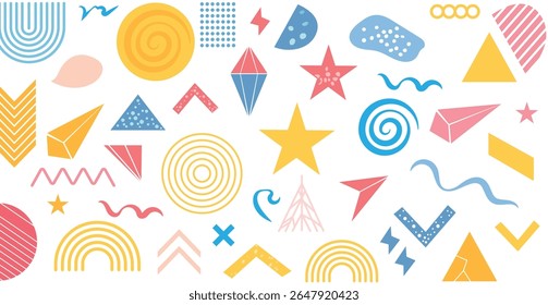colorful collection of hand-drawn geometric shapes and symbols on a white background. Includes stars, triangles, spirals, arrows, rainbows, and waves in a fun, abstract, and whimsical style.