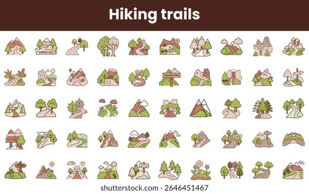 A colorful collection of hand-drawn hiking trail illustrations featuring diverse landscapes, mountains, trees, and directional signs, perfect for outdoor enthusiasts.