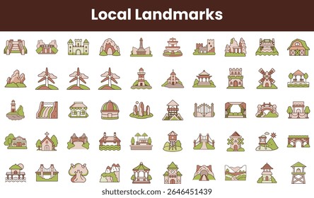 A colorful collection of hand-drawn local landmarks, featuring diverse structures like bridges, castles, and windmills, showcasing cultural heritage and scenic beauty.