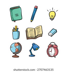 Una colorida colección de iconos de la escuela y el estudio dibujados a mano, que incluye un libro, un lápiz, un globo terráqueo y una bombilla, que representan conceptos de educación y aprendizaje