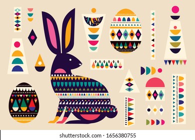 Colorful collection with hare, easter eggs and decorative elements. Happy easter greeting card with decorative easter bunny