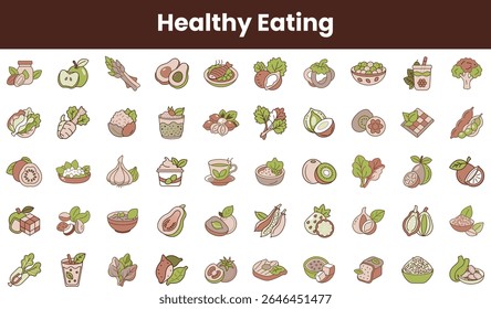 Uma coleção colorida de ícones de alimentação saudável com frutas, legumes e pratos nutritivos, inspirando uma escolha de estilo de vida vibrante.