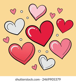 Colorful Collection of heart illustrations, Hand drawn hearts. Doodle Heart set. Red, Pink, black, white, Romantic hearts, Doodle illustration design