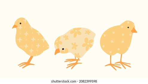 Colorful collection of hen, chicken, cock, ruster, and chick. Set of chicken with abstract trendy patterns. Vector illustration with cute domestic birds. Trendy isolated print for kids.