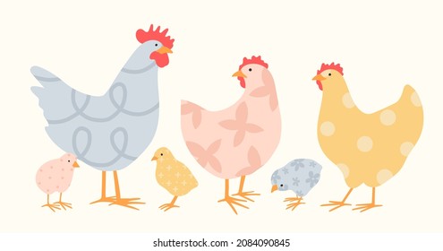 Colorful collection of hen, chicken, cock, rooster, and chick. Set of chicken with abstract trendy patterns. Vector illustration with cute domestic birds. Trendy isolated print for kids.