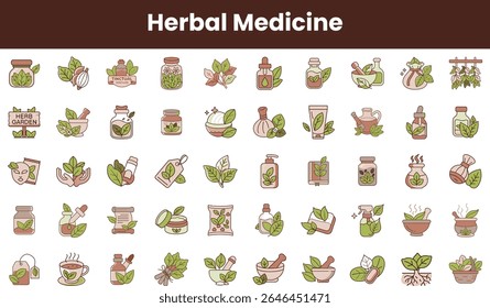 A colorful collection of herbal medicine icons featuring leaves, jars, and tools related to natural healing, showcasing the essence of herbal remedies.