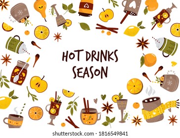 Colorful collection with hot drinks mulled wine, cocoa, coffee. Design, poster for menu, special propositions. Hand drawn vector illustration