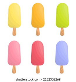 Colorful collection ice cream. Set of sweet dessert in cartoon flat style. Background for cafe or restaurant. Elements for your design poster, banner. Vector stock illustration on white background 
