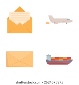 Colorful collection of icons featuring an envelope, airplane, closed mail, and cargo ship