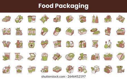 A colorful collection of illustrated food packaging designs featuring various products like drinks, desserts, and snacks, emphasizing eco-friendly aesthetics.