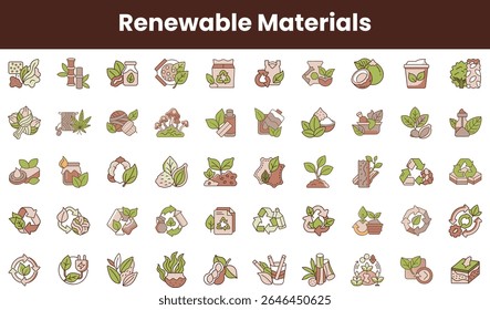 A colorful collection of illustrations depicting various renewable materials in eco-friendly designs, highlighting sustainability and environmental awareness.