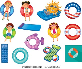 Una colorida colección de flotadores de piscina inflables y anillos de natación diseñados para la natación recreativa y la relajación acuática. Hecho para parecerse a los inflables duraderos del PVC, el sistema incluye los anillos circulares clásicos de la natación, los diseños de la bandera-temática, los niños de la historieta flotan, un anillo en forma de pez, una tumbona juguetona del carácter del sol, y las esteras flotantes. Ideal para temas de verano, conciencia de seguridad en la piscina, actividades para niños, gráficos de vacaciones y proyectos de diseño comercial.