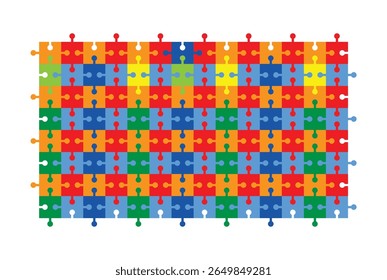 A colorful collection of interlocking puzzle pieces arranged in a grid pattern. The pieces are in various bright colors including red, blue, green, orange, and yellow, 