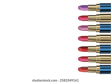 A colorful collection of lipsticks in various shades of purple, pink, and red. Perfect for beauty, makeup, or cosmetic product marketing. A vibrant addition to cosmetic ads and promotional materials.