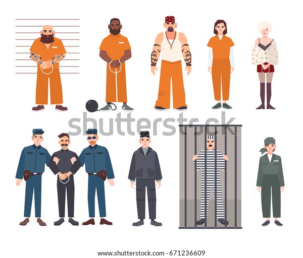 男性と女性の囚人のカラフルなコレクション 逮捕された男女がセットした 平らなベクターイラスト のベクター画像素材 ロイヤリティフリー