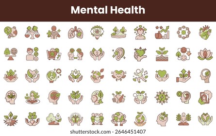A colorful collection of mental health icons representing well-being, self-care, and nature with a soothing palette, emphasizing the importance of mental wellness.
