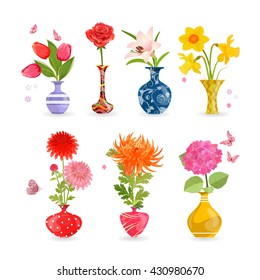 colorful collection of modern vases with lovely flowers for your design