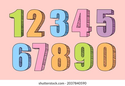Colorful collection of numbers. One, two, three, four, five, six, seven, eight, nine, zero. Mathematical icons with lines. Design elements for posters. Cartoon isometric vector set on pink background
