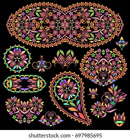A colorful collection of paisley patterns and round elements.Traditional eastern symbols for decoration, for clothes. Ethnic ornament - object isolated. Vector bright print.