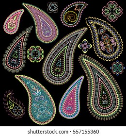 Colorful collection of paisley patterns.Traditional eastern elements for decoration, for clothes. Ethnic ornament - object isolated. Vector bright print.