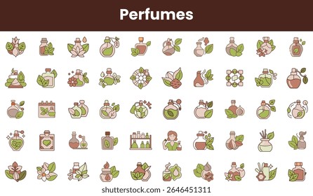 A colorful collection of perfume illustrations featuring elegant bottles, floral designs, and natural elements showcasing the essence of fragrance.
