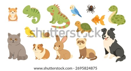 colorful collection of pet animals, bright flat illustrations of various pets and reptiles, vivid icons representing small pet animals and reptiles in playful style