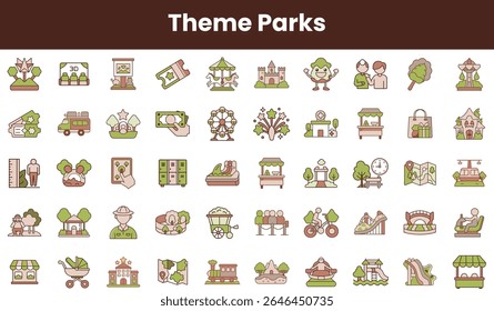 A colorful collection of playful icons representing various elements of theme parks, including rides, attractions, and activities, all in a whimsical and engaging style.
